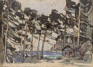 Stage Design Depicting A Wooded Landscape By The Sea by Konstantin Alexeievitch Korovin