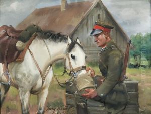 Lancer Watering Horse by Jerzy Kossak