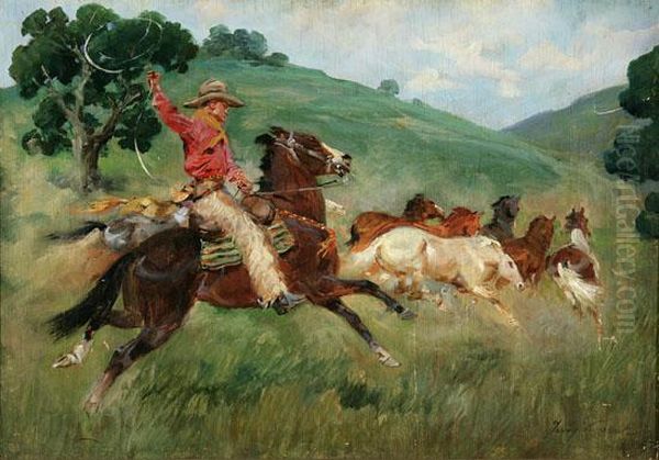 Cowboy Rounding Up Wild Horses - view 1
