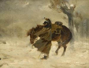 Cavalry Officer And His Mount, Winter by Jerzy Kossak
