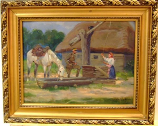 Soldat Samtalar Med En Kvinna
Vid Brunnen Medan Han Vattnar Sin Hast. A Tergo Intyg Samt Stampel
Numrerad Nummer 841 Jerzy Kossak, Krakow. - view 1