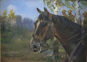 Glowa Konia Sakrogniadego W Oglowiu Z Ulanami W Tle by Jerzy Kossak