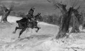 "reitender Soldat In
Winterlandschaft". Sign. Und Dat. 12. Ol Auf Lwd. Auf Karton. Rest. 15,5
X 26 Cm. Rahmen by Jerzy Kossak