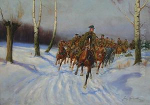 Dywizjon Altylerii Konnej Jedzie Droga by Jerzy Kossak