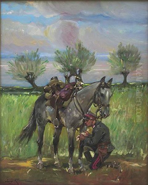 Zolnierz 1 Pulku Szwolezerow Opatrujacy Konia - view 1
