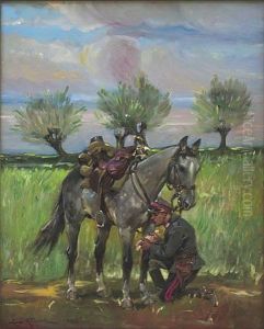 Zolnierz 1 Pulku Szwolezerow Opatrujacy Konia Zolnierz 1 Pulku Szwolezerow Opatrujacy Konia