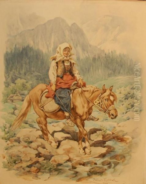 Woman Riding On Horseback Through The Mountains - view 1