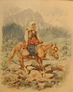 Woman Riding On Horseback Through The Mountains by Juliusz Kossak