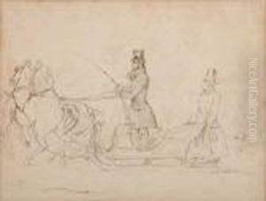 Two Gentlemen On A Horse-drawn Snow Sleigh by Juliusz Kossak
