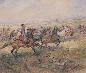 Na Stepie, Tabun Koni Pilnowanych Przez Kozaka by Juliusz Kossak