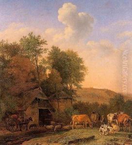 A Landscape with Cows, Sheep, and Horses by a Barn 1651 by Paulus Potter