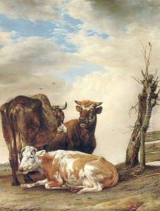 Two Cows & a Young Bull beside a Fence in a Meadow 1647 by Paulus Potter