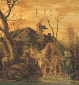 A tethered bull covering a cow in a farmyard by Paulus Potter
