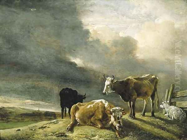 Cows and Sheep in a Meadow, a Farmstead beyond - view 1