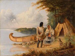 Indian Encampment With Canoe, Two Figures And A Dog