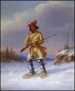 Indian Trapper With Red Feathered Cap In Winter by Cornelius David Krieghoff