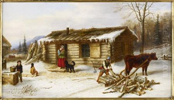 Chopping Logs Outside A Snow Covered Log Cabin - view 1