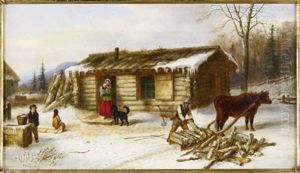 Chopping Logs Outside A Snow Covered Log Cabin by Cornelius David Krieghoff
