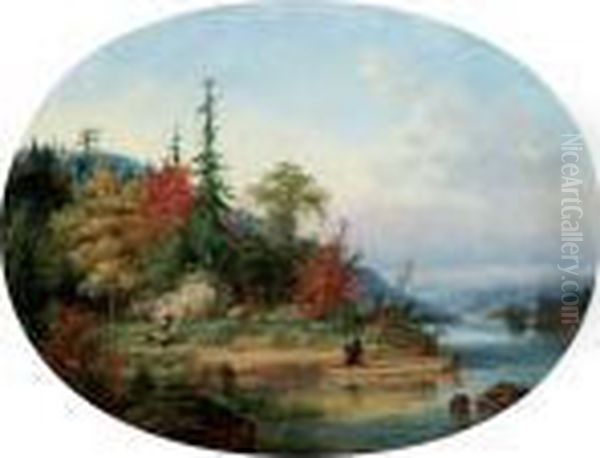 Indian Canoeist And Hunter In An Autumn Landscape - view 1