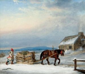 Figure, House And Sleigh In Snow by Cornelius David Krieghoff