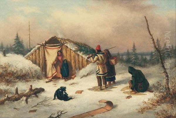 Figures Outside A Log House In A Snowy Landscape - view 1