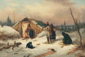 Figures Outside A Log House In A Snowy Landscape