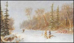 Caribou Hunters In A Winter Snow Storm by Cornelius David Krieghoff
