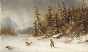 Deer Hunters In A Winter Landscape by Cornelius David Krieghoff