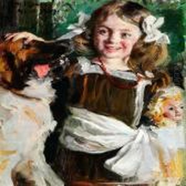 A Little Girl In A Fancy Dress With Her Dog And Her Doll - view 1