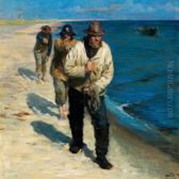 Tre Pa Skagens Sonderstrand
Bagefter Hverandre Gaaende Fiskere Traekke Langs Bredden En Baad Lidt Ude
I Vandet Imod Strommen - view 1