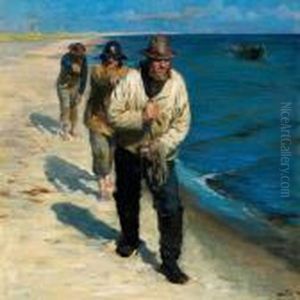 Tre Pa Skagens Sonderstrand
Bagefter Hverandre Gaaende Fiskere Traekke Langs Bredden En Baad Lidt Ude
I Vandet Imod Strommen by Peder Severin Kroyer