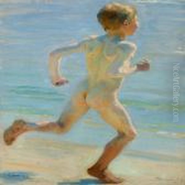 Naked Boy Running On The Beach Towards The Sea - view 1