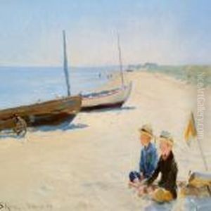 Two Boys Sitting In Thesunshine On Skagen Beach by Peder Severin Kroyer