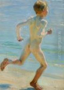 P. S. Kroyer: Naked Boy Running
On The Beach Towards The Sea. "nogen Dreng, Set Fra Hojre Side I Lob Paa
Sandet Ud Mod Vandet". by Peder Severin Kroyer