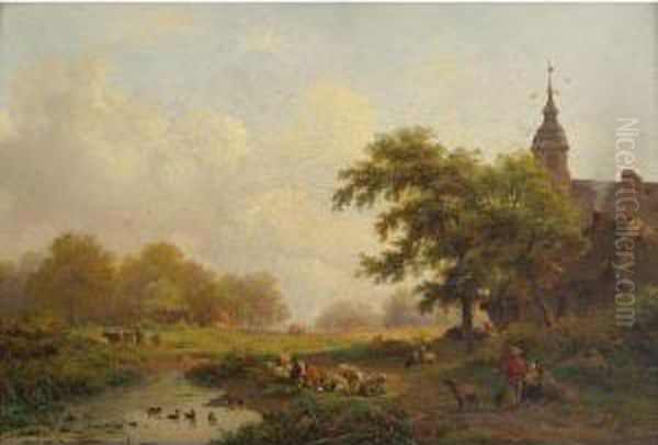 Summer Landscape With Sheperds And Cattle Near A Village - view 1