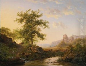 Figures On The Waterfront In A 
Summer Landscape, A Fantasy Of Thebrederode Ruin In The Background