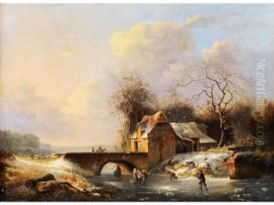 Schlittschuhlaufer Auf
Vereistemflusslauf Vor Steinerner Bogenbrucke Mit Bruckenhaus
Undstrohgedecktem Stall by Frederik Marianus Kruseman