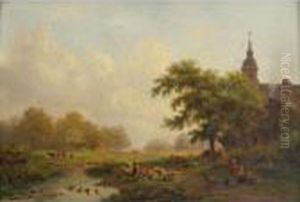 A River Landscape With Cows And Sheep by Frederik Marianus Kruseman
