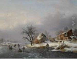A Winter Landscape With Skaters, A Horse-drawn Cart On A Path Nearby