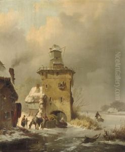 A Winter Landscape With People On A Frozen Waterway Near A Ruinous Mill by Frederik Marianus Kruseman