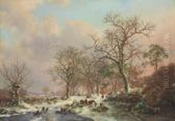 Wood Gatherers In A Winter Landscape, With A Castle Beyond - view 1