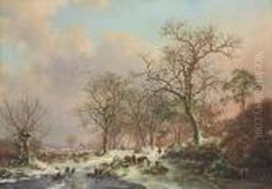 Wood Gatherers In A Winter Landscape, With A Castle Beyond by Frederik Marianus Kruseman