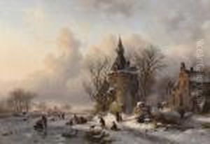 A Winter Landscape With Skaters Near A Castle by Frederik Marianus Kruseman