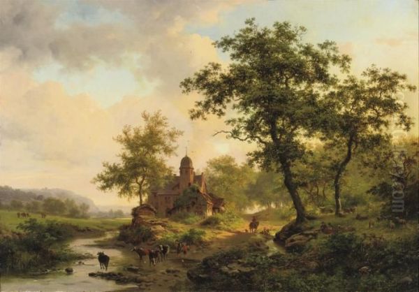 Cattle Drinking From A Stream In A Summer Landscape - view 1