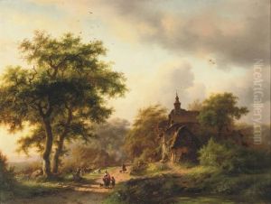 Figures On A Sunlit Path Near A Mansion