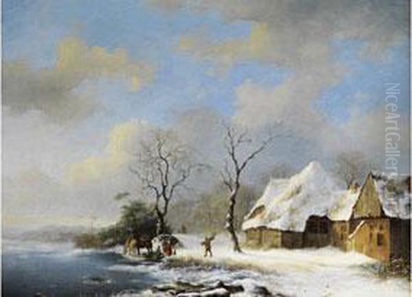Winterlandschaft Mit
Verschneiten Hausern Am Seeufer Mit Figurenstaffage, Pferden Und Einem
Reisigsammler - view 1