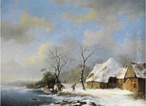 Winterlandschaft Mit 
Verschneiten Hausern Am Seeufer Mit Figurenstaffage, Pferden Und Einem 
Reisigsammler