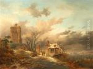Winter Landscape With Wood Collector At A Frozen River