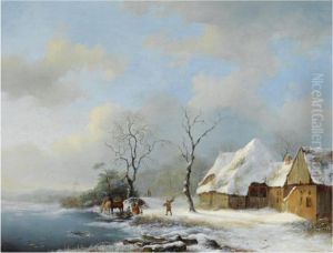 Woodgatherers In A Snowy Landscape by Frederik Marianus Kruseman