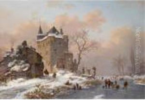 Skaters Near A Castle On A Wintry Day Skaters Near A Castle On A Wintry Day